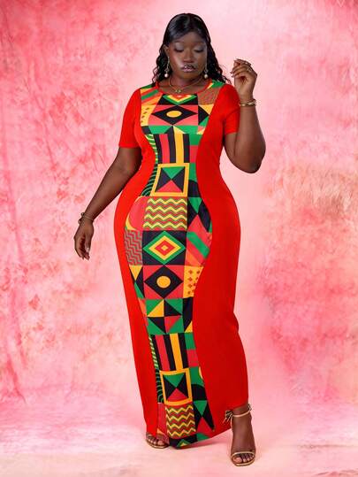 CurvyTilda Vestido midi entallado de tallas grandes con estampado geométrico de bloque de color