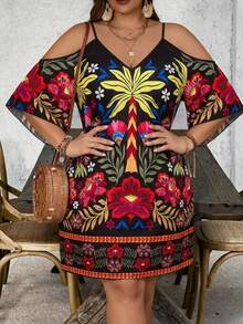 SHEIN VCAY Abito casual da vacanza con stampa floreale tropicale e design traforato, taglie comode - Multicolore - Visualizzare 1