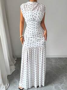 Elenzga White And Black Polka Dot Summer Elegant Holiday Tea Party Vacation Stand Collar Sleeveless Hollow Out Mesh Patchwork Pleated A-Line Maxi Dress - White - View 6