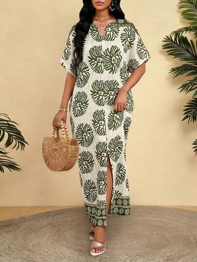 SHEIN Lady Đầm nữ cổ chữ V, phối màu tương phản, in họa tiết toàn thân, dáng rộng, thanh lịch, dài ngang gối.