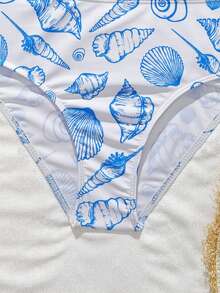 SHEIN Áo bikini hai dây cho bé gái tuổi teen, họa tiết vỏ sò xanh, đồ bơi thoải mái cho kỳ nghỉ hè, tiệc bể bơi. - Xanh và trắng - Xem 8