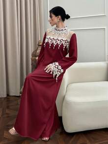 Al Najma 2026 Spring/Summer Tassel Trim Elegant Arabic Style Dress - Burgundy - View 8
