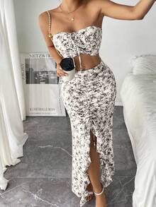 Pariaura Áo quây xếp ly và chân váy xẻ tà có dây rút, bộ đồ hè hai món họa tiết hoa nhí lãng mạn kiểu Pháp dành cho nữ. - Màu be - Xem 5