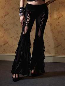 ROMWE 甜辣音乐节穿搭，荷叶边系带设计透视开衩修身喇叭裤 - 黑色 - 查看 1