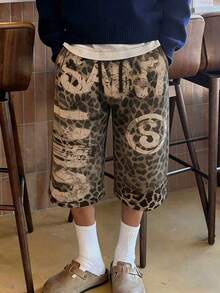 Manfinity Dauomo 男士豹纹铆钉抽绳腰带休闲百搭日常短裤 - 彩色 - 查看 3