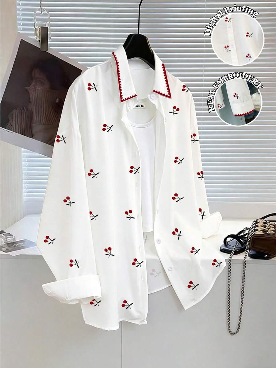 Resyla Camisa holgada de manga larga con botones, con bordado floral y estampado de cerezas para mujer - Multicolor - Ver 1