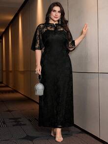 Modelyn Navy Blue Lace Shawl With Pearl Decor + Lace Slip Dress, Elegant And Luxurious 2 Pieces Set - Black - View 1