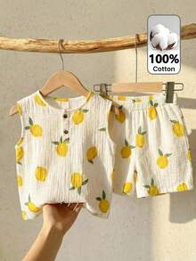 LMoss Kids 2pcs/Set Young Boy Knitted Lemon Pattern Vest & Shorts Set, Casual & Cute, Summer Two Piece Set For Kids, Two Piece Cute Set Kids - White - View 1
