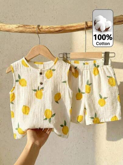 LMoss Kids 2pcs/Set Young Boy Knitted Lemon Pattern Vest & Shorts Set, Casual & Cute, Summer Two Piece Set For Kids, Two Piece Cute Set Kids