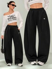 SHEIN Tall 女士秋冬街头风返校学院风休闲保暖舒适法式黑色弹力腰带弧形裤脚长裤，黑色长裤 - 黑色 - 查看 2