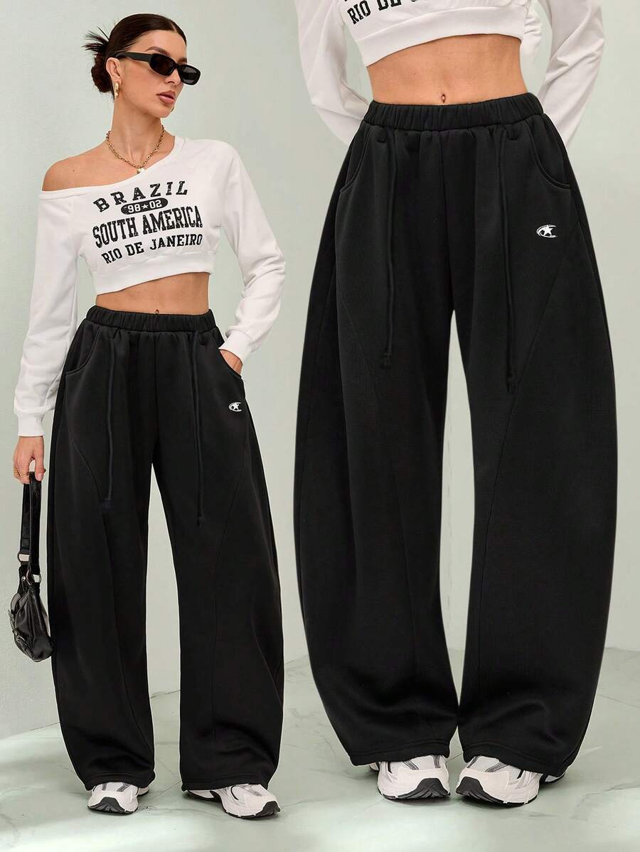 SHEIN Tall 女士秋冬街头风返校学院风休闲保暖舒适法式黑色弹力腰带弧形裤脚长裤，黑色长裤