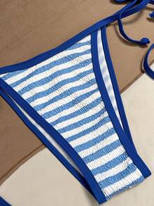 Swim Mod New Arrival Women's Elegant Y2K Beachy Vacation Style 2 Piece Bikini Set - Blue White Striped Smocked Triangle Halter Top With Contrast Binding & High Cut Thong Bottom - Smooth Stretch Breathable Fabric - Flattering Minimalist Design, Sexy Summery Vibe - Perfect Swimwear For Summer Beach Vacation, Pool Party Music Festival Weddings, Spring Holiday Break Outfit Resort Wear, Tropical Getaway - Blue - View 7