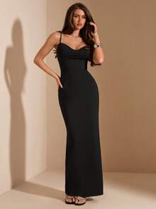 SHEIN BAE 女士纯黑色极简吊带修身连衣裙 - 黑色 - 查看 5