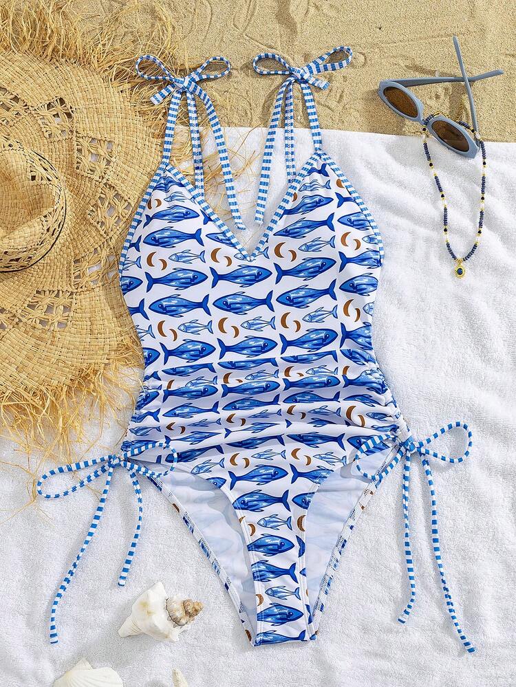 Swim Mod Springbreak Women's New Printed Random Color Side Tie Sexy Elegant Vacation Minimalist One-Piece Swimsuit - Multicolor - View 4