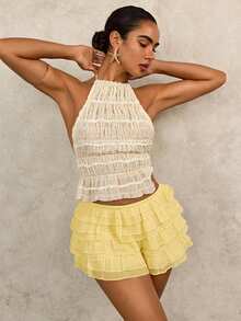 Swim Glamine Women's Solid Color Elastic Waist Ruffle Hem Romper Yellow Ruffle Shorts Ruffles Shorts Frilly Short Yellow Shorts For Women Skorts For Women Co Ord - Light Yellow - View 6