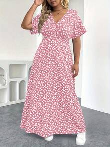Elenzga Đầm maxi cỡ lớn họa tiết hoa nhí, kiểu dáng gợi cảm, cổ chữ V, chấm bi, tay ngắn, phong cách bohemian. - Hồng - Xem 1
