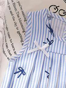 女童休闲条纹蝴蝶结印花褶皱无袖上衣搭配宽松直筒裤套装，春夏活力日常穿搭 - 藍色 - 查看 6