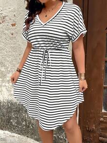 SHEIN CURVE+ Plus Size Women's Striped Waist Cinching Elastic Knit Fabric Summer Vacation Dress - Black and White - View 3