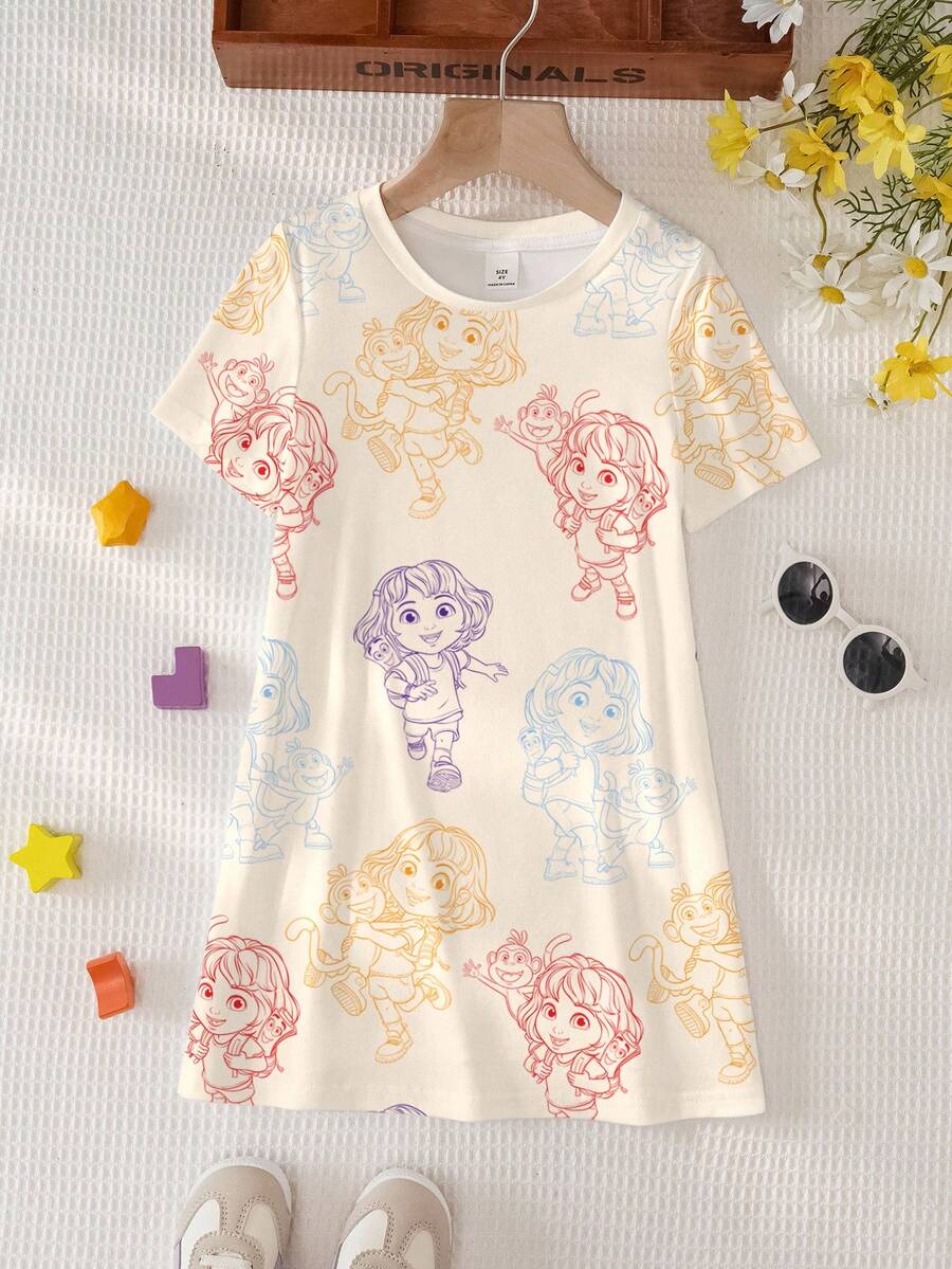DORA | SHEIN 少女可爱印花圆领短袖休闲夏季连衣裙 - 白色 - 查看 1