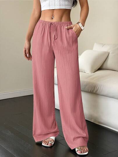 Flirla Women's Solid Color Waist Tie Pocket Wide Leg Loose Casual Pants Vacation Holiday Dusty Pink Autumn