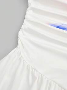 Sweetra 大码时尚白色露肩短袖印花拼接收腰连衣裙，春夏款 - 藍色 - 查看 4