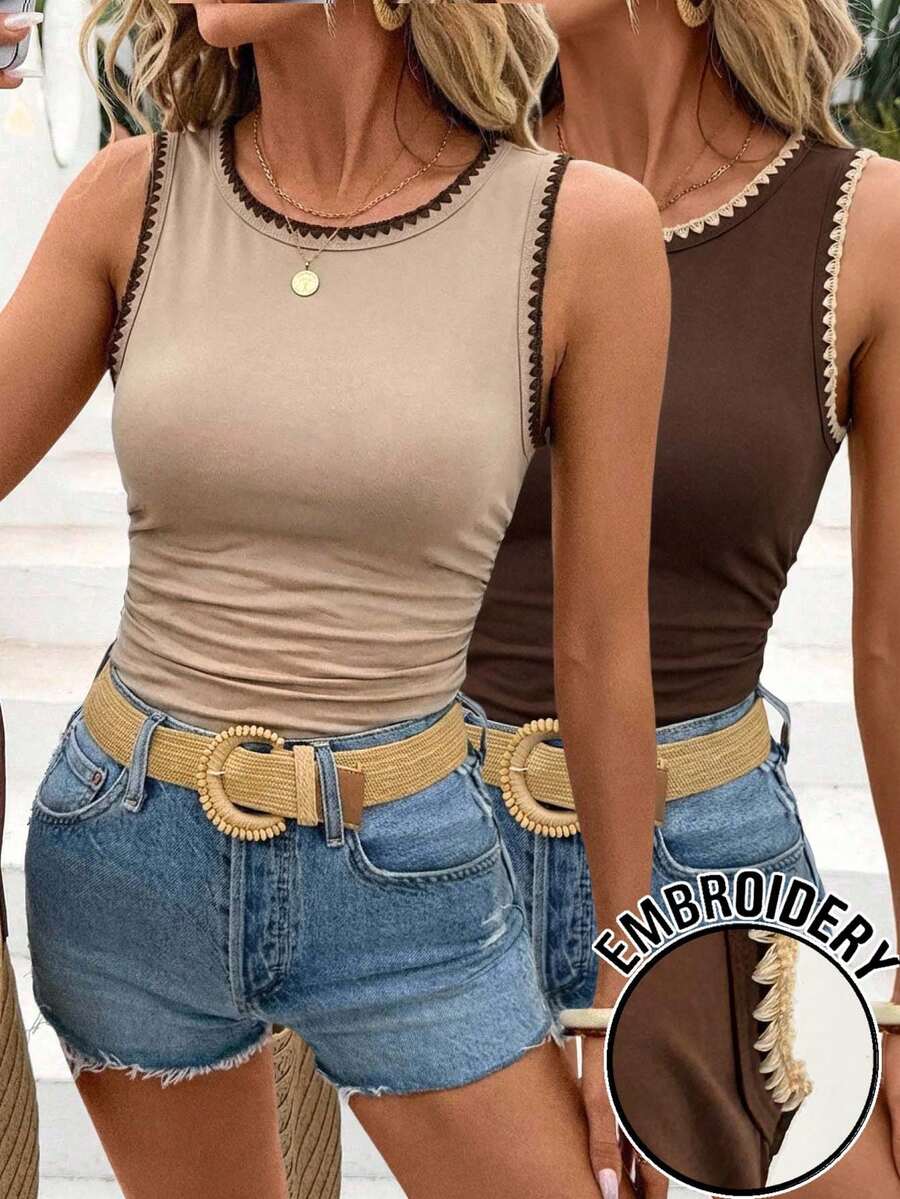 EMERY ROSE 2pcs Casual Solid Color Embroidered Lace Trim Fitted Camisole Tops, Suitable For Summer - Multicolor - View 1