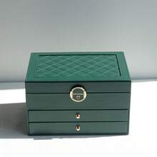 1 pieza Caja de almacenamiento de joyas de gran capacidad, Caja de almacenamiento de joyas portátil, Tocador con cajón Caja de almacenamiento de joyas, Caja de joyas de cuero como regalo, Contenedor de almacenamiento y exhibición exquisito, Vuelta al colegio, Decoración de sala de maquillaje, Bolsa de maquillaje, Artículo de viaje esencial - Multicolor - Ver 8