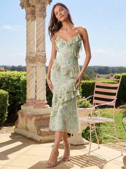 Enchnt 女士花卉印花荷叶边细肩带连衣裙，甜美优雅的服装，适合情人节、圣诞派对、新年、生日、节日和甜蜜约会之夜，鼠尾草绿色连衣裙