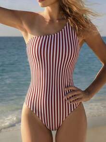 Swim SPRTY Striped One-Piece Swimsuit For Beach Vacation - Red - View 6