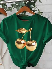 SHEIN LUNE Plus Size Summer Casual Cherry Print T-Shirt - Dark Green - View 1