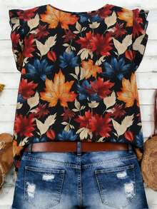 EMERY ROSE Spring/Summer Fashion Casual Resort Wear For Plus-Size Women Maple Leaf Floral Print Ruffled Sleeve Plus Size Tank Top Shirt Plus-Size Women's Beachwear - Multicolor - View 2
