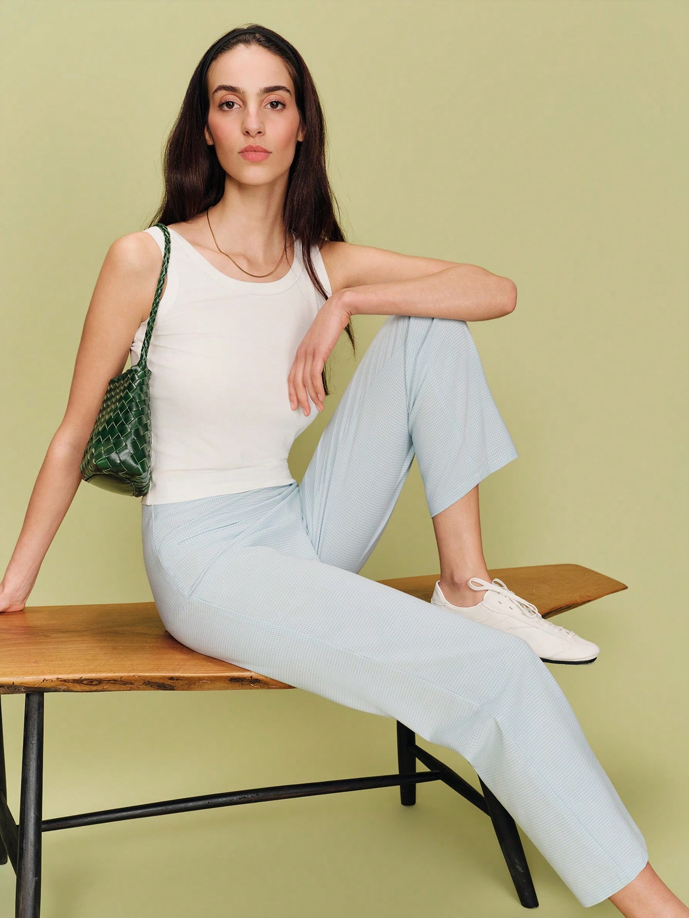 Blue Check Pattern Fitted 3/4 Length Trousers With Piped Pockets Cute Pants Office Outfit Business Casual Pants Spring Summer French Style Parisian Style Light Weight Pants For Women Casual Outfit For Women