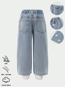 SHEIN 女童牛仔褲 中洗藍色 夏季返校款 閃亮水鑽裝飾 不對稱鬆緊腰頭 寬鬆直筒軟棉丹寧牛仔褲 - 中等水洗藍 - 查看 3