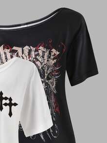 Sparklyn 少女休闲不对称领口交叉印花T恤，夏季 - 黑與白 - 查看 4