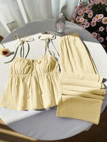 SHEIN Comfortcana Bộ áo hai dây và quần dài màu vàng nhạt dệt kim kiểu dáng thường ngày. - Màu vàng ngỗng - Xem 7