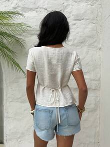 Aloruh 女士春夏新款杏色优雅通勤外出派对时尚休闲褶皱系领短袖衬衫,夏季商务休闲女式上衣,夏季可爱新款女式上衣,新品上市 - 杏色 - 查看 3