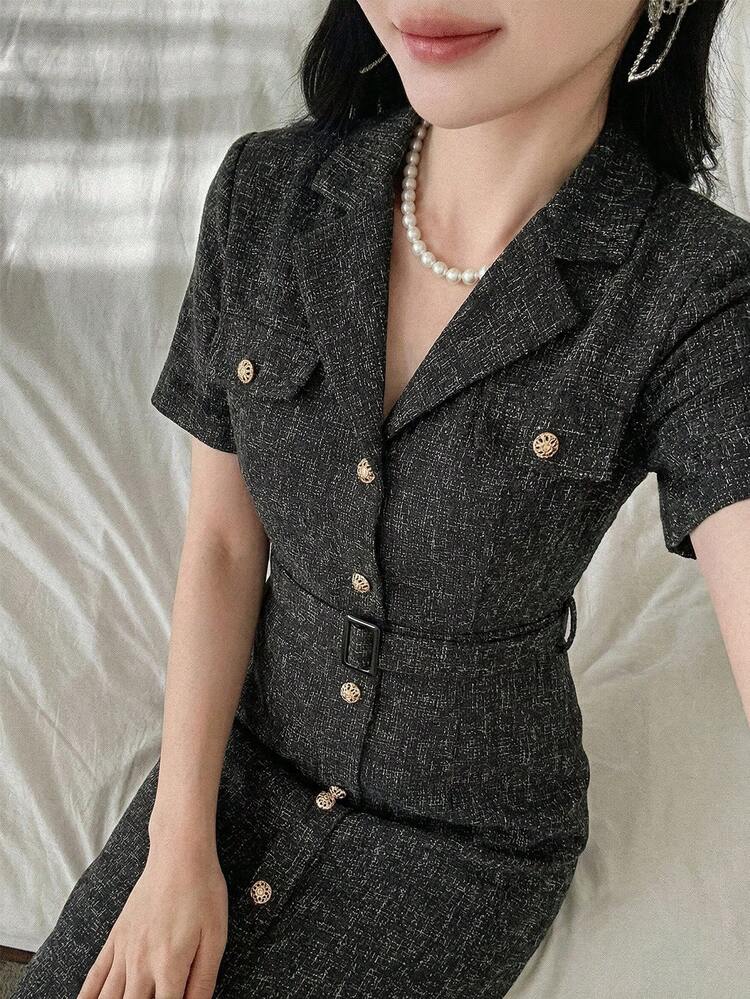 Women's Lapel NeckSingle-Breasted Short Sleeve Elegant Long Dress