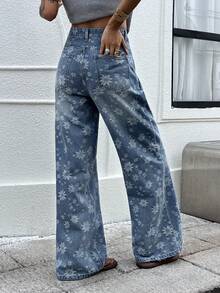 DAZY Quần jeans nữ dáng rộng, in họa tiết hoa lãng mạn, thêu toàn thân. - Màu xanh lam - Xem 2