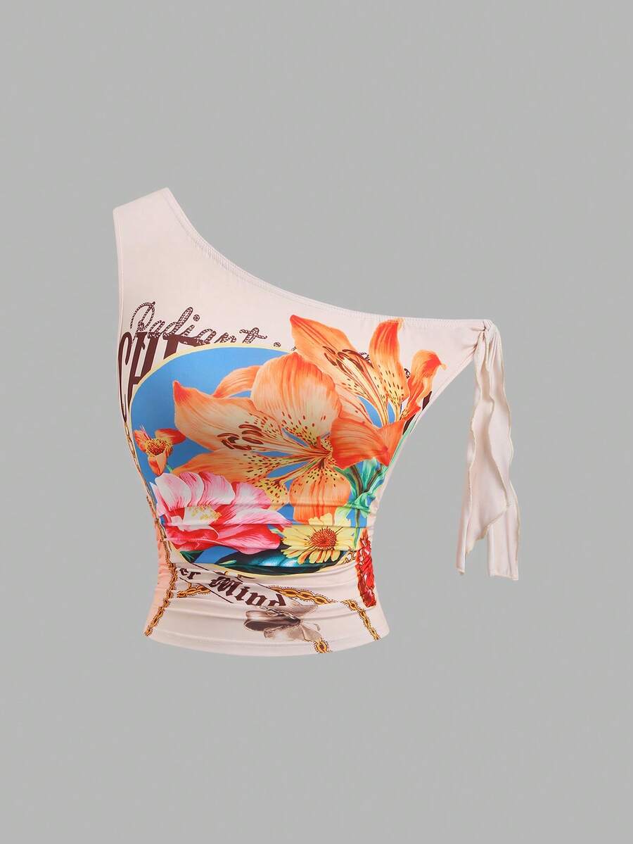 Sweetra 复古时尚美式印花设计优雅不对称肩部系带腰身修身夏季海滩度假性感女式上衣 - 彩色 - 查看 1