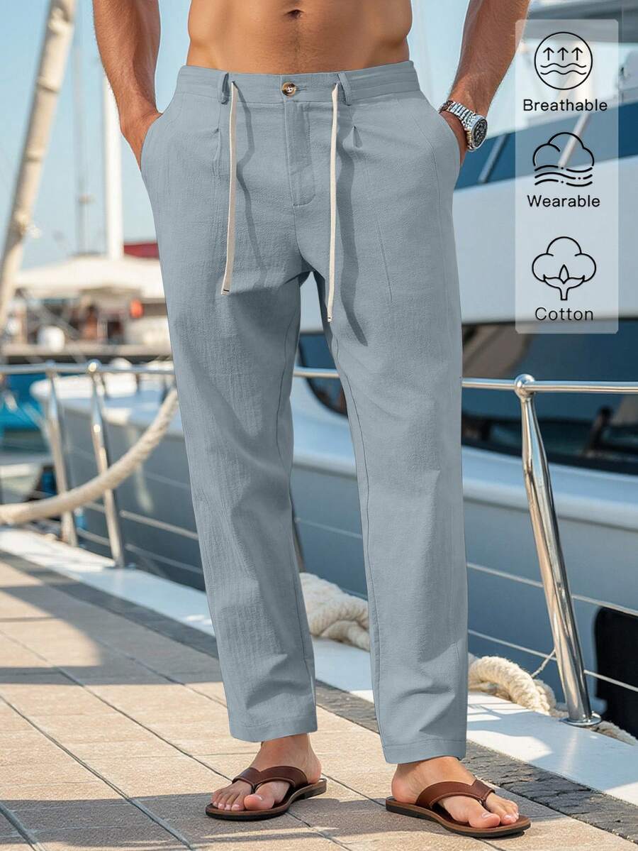 VENTUSAIL Men Solid Drawstring Waist Pants Tapered Long Slacks Linen Cool Plain Going Out, Fall - Mint Blue - View 1