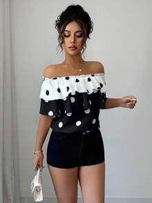 Elenzga Color-Blocked Polka Dot Print Off-Shoulder Elegant Short-Sleeved Summer Shirt - Black and White - View 4