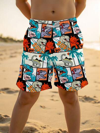 SHEIN Young Boy Casual Loose Swim Trunks, Classic Palm Tree & Dinosaur Print, Suitable For Summer, Surfing, Vacation