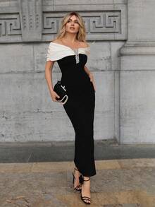 Elenary Edit Women's Elegant Party Color Block Off Shoulder Rhinestone Decor Dress - Black - View 5