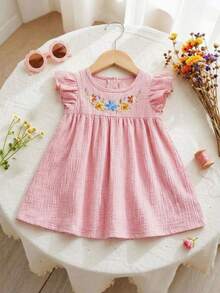 SHEIN Vintaside Kids 1 pieza Vestido de princesa rosa sencillo y versátil para niñas bebé con cuello redondo, mangas con volantes, bordado frontal y abertura trasera media para el verano - Rosa - Ver 10