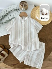 LMoss Kids 4T 男童两件套休闲校园风米色短袖 Polo 衫和印花弹力腰短裤，适合居家、外出、上学、旅行、夏季穿着 - 彩色 - 查看 2