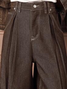 Quần jeans denim thô dáng rộng SUMWON với xếp ly phía trước và gấu quần gập lại, thích hợp cho trang phục thường ngày. - màu nâu - Xem 7