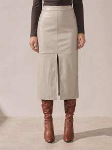 BizChic New Apricot PU Leather Front Slit Design Skirt, Flattering Silhouette, Elegant Office Wear For Spring/Summer - Apricot - View 7