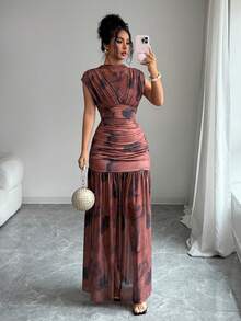 Selianne 新款时尚高领无袖性感镂空网纱拼接褶皱A字连衣裙，适合毕业派对、度假、约会、白色正式礼服、优雅连衣裙、生日礼服、夏季连衣裙 - 棕色 - 查看 1