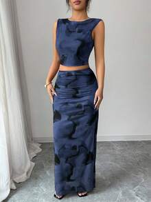 Rafferiza Women's Elegant Tie Dye Gradient Mesh Camisole Sleeveless Fitted Slit 2 Pieces Set - Navy Blue - View 3