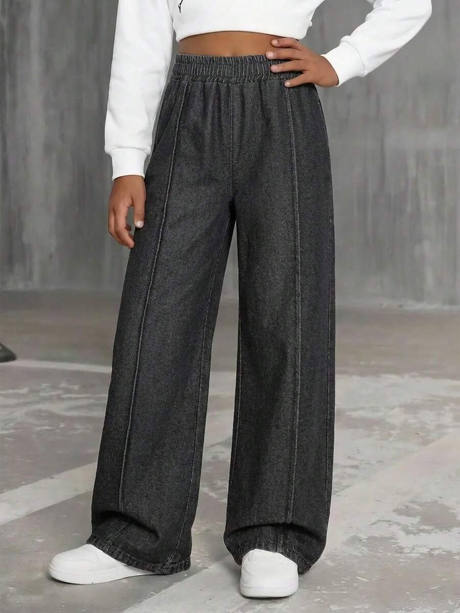 SHEIN Girls' Loose Fit Jeans, Casual Style, Minimalist All-Match Wide Leg Design, Elastic Waistband For Comfort, Suitable For Daily Casual Wear, Vacation, Party And Multi-Occasion, All Season